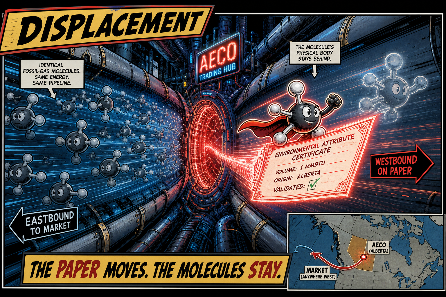 Comic panel: displacement delivery through the pipeline portal.