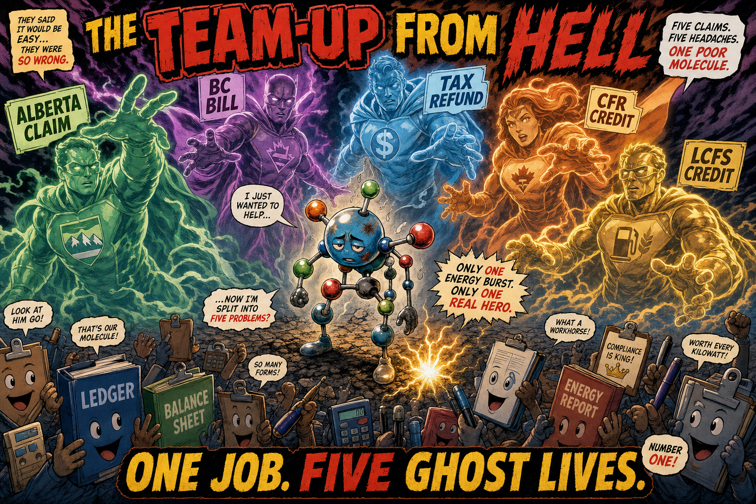 Comic finale: one molecule, five ghost lives.