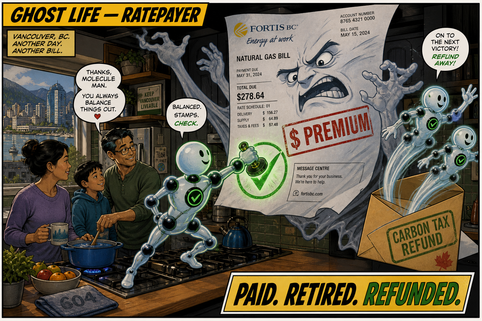 Comic panel: ratepayer pays the premium while a tax-refund ghost peels off.