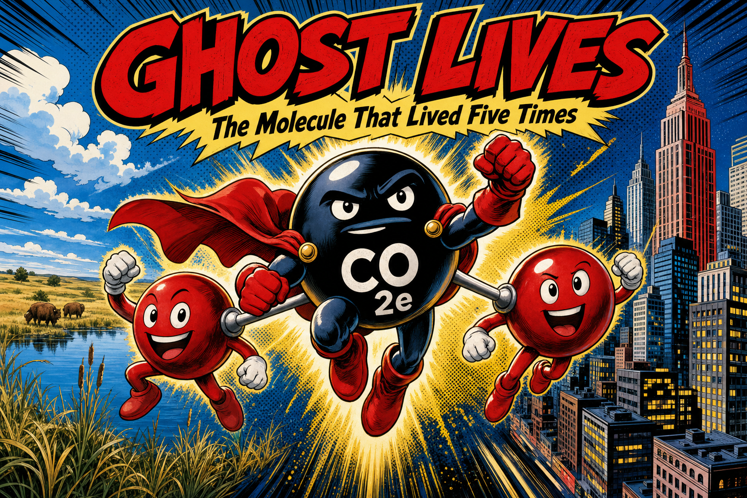 Comic splash page: Ghost Lives, the molecule that lived five times.