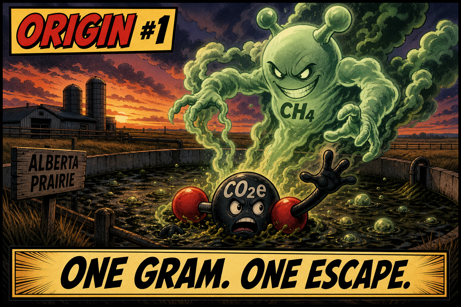 Comic panel: origin at the Alberta manure lagoon.
