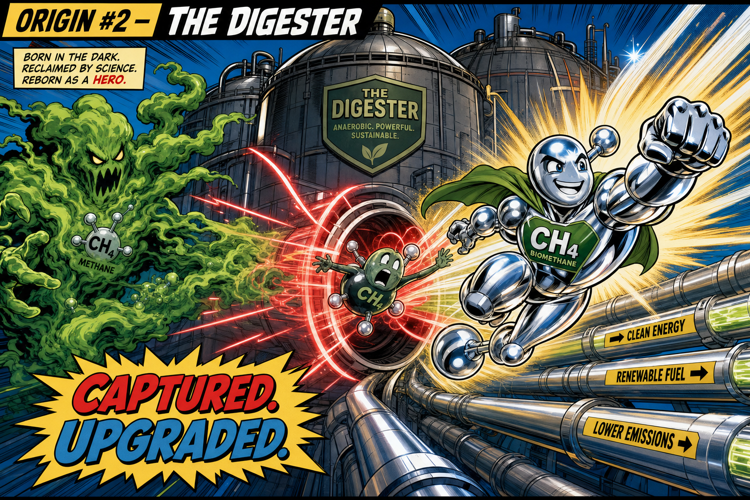 Comic panel: digester capture and upgrade.