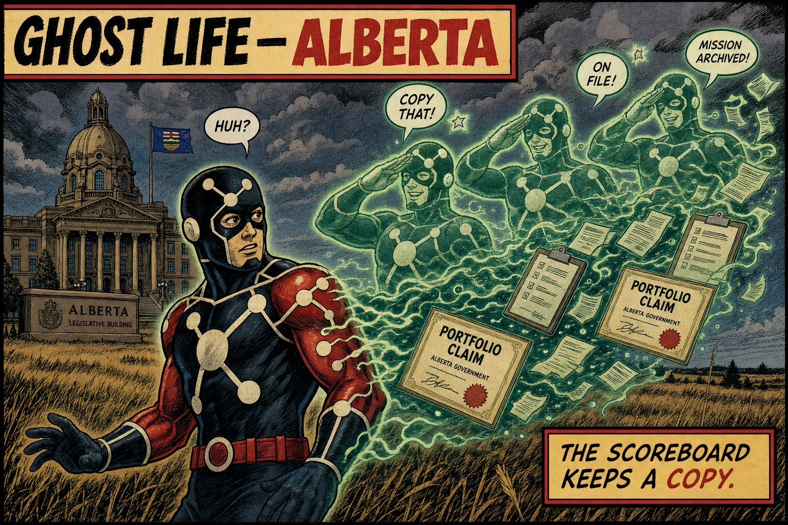 Comic panel: Alberta scoreboard keeps a ghost copy.
