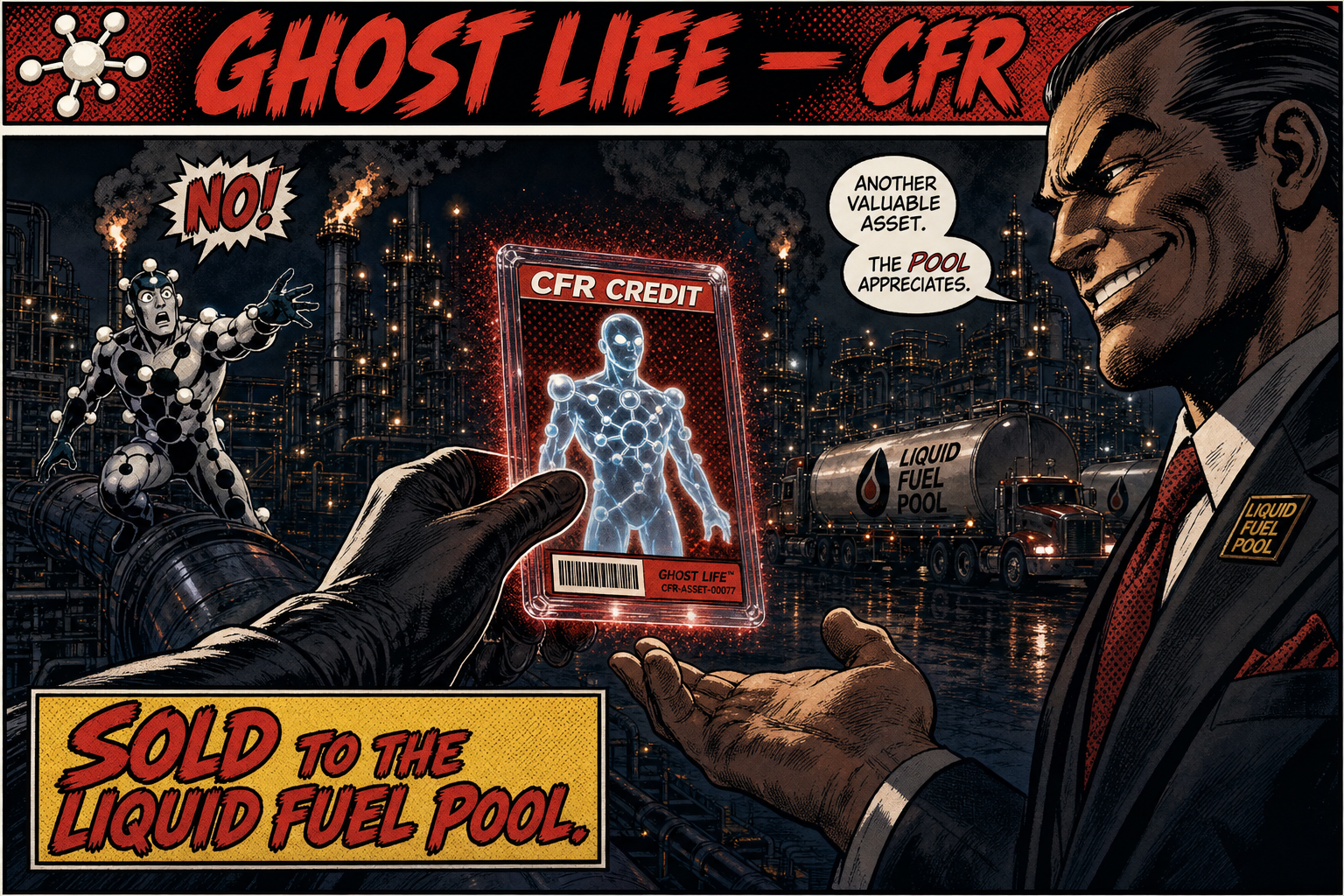 Comic panel: CFR credit sold into the liquid-fuel pool.