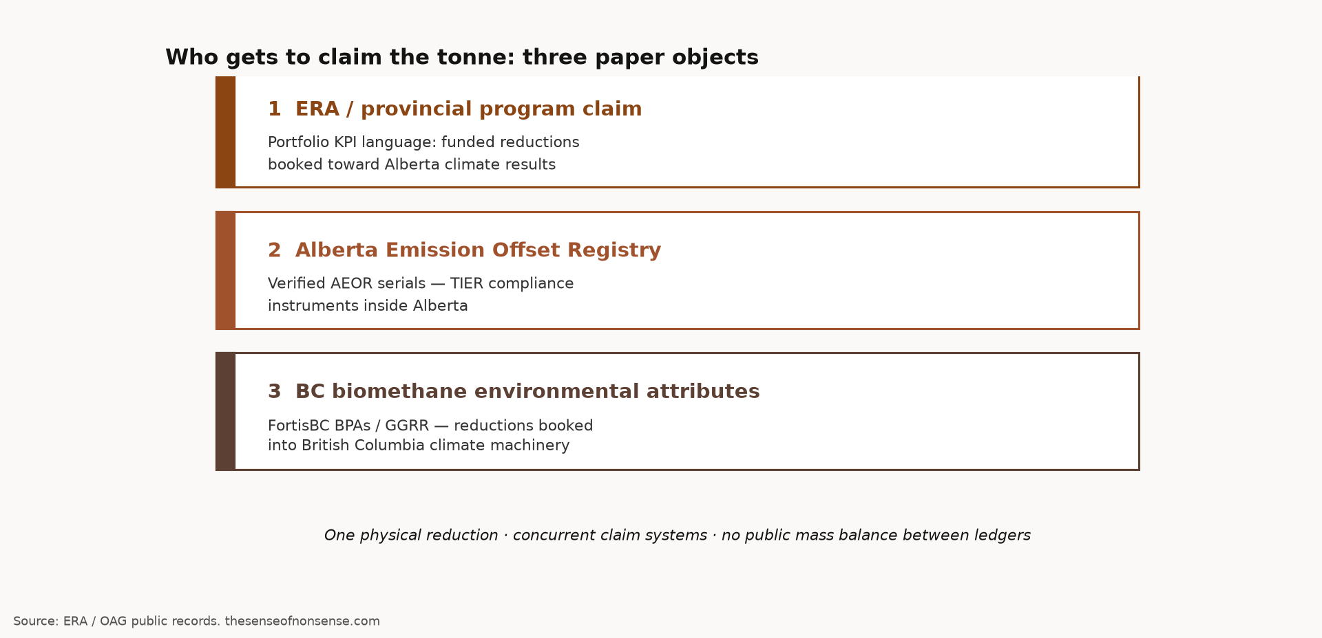 Stacked schematic of three claim layers on the same reduction: ERA or provincial program KPI language, Alberta Emission Offset Registry serials, and British Columbia biomethane environmental attributes under FortisBC BPAs.
